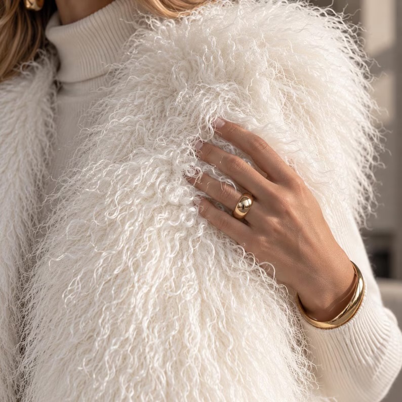 Luxurious Real Mongolian Sheepskin women's Collarless vest,Handmade shaggy fur outerwear, photo 3